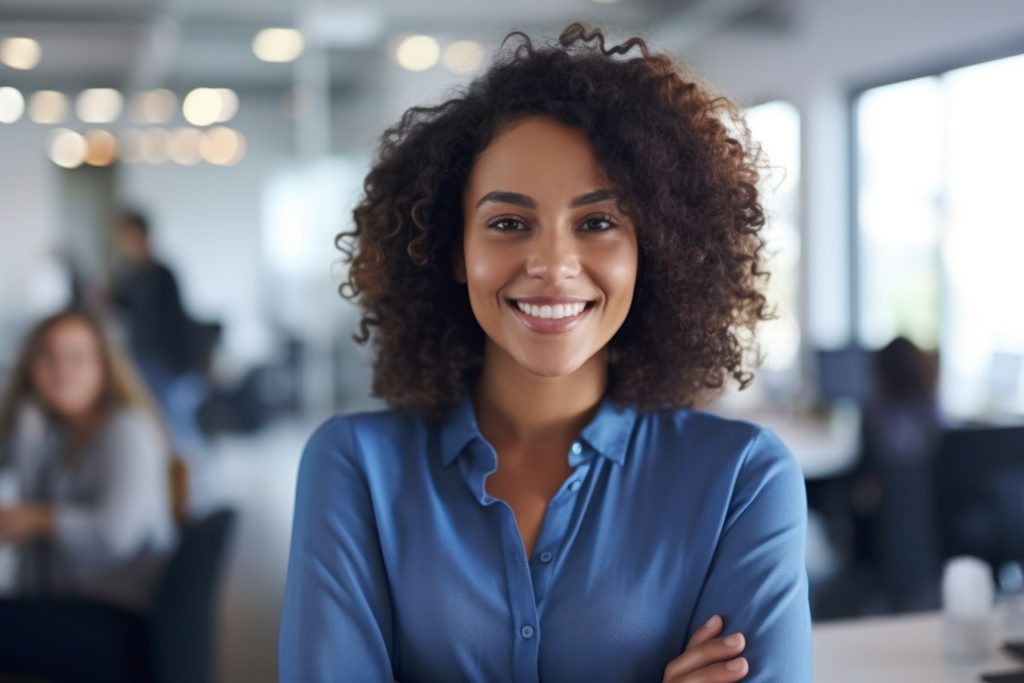 Smiling-Lady-Blue-Shirt